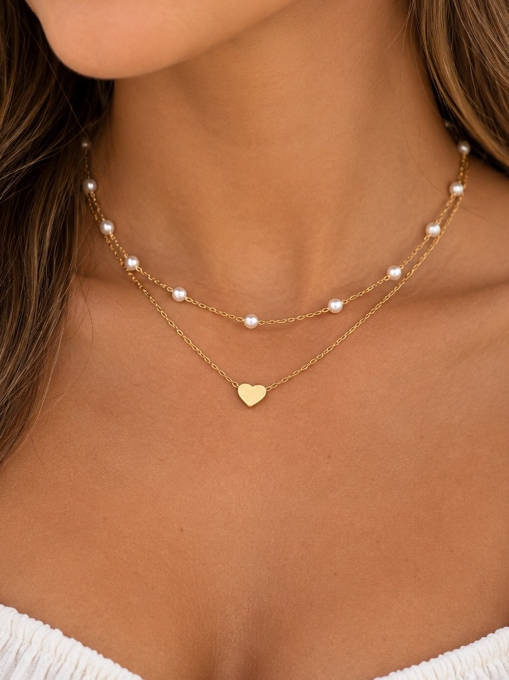 18K Gold Plated Pearl Heart Layered Necklace Boho Y2K NWT